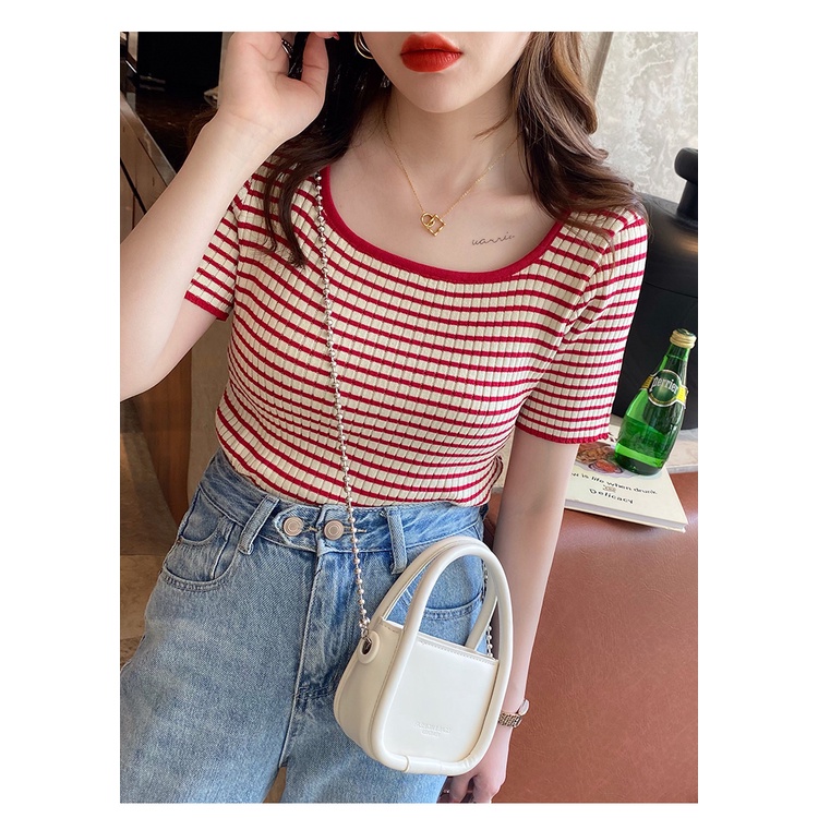 Áo Thun Tay Ngắn Cổ Vuông Họa Tiết Kẻ Sọc Thời Trang Mùa Hè Cho Nữ