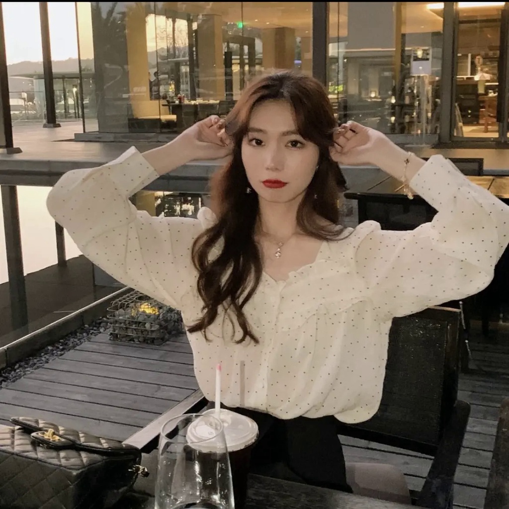 Áo Chiffon Nữ Tay Dài Phối Ren Họa Tiết Chấm Bi Thời Trang