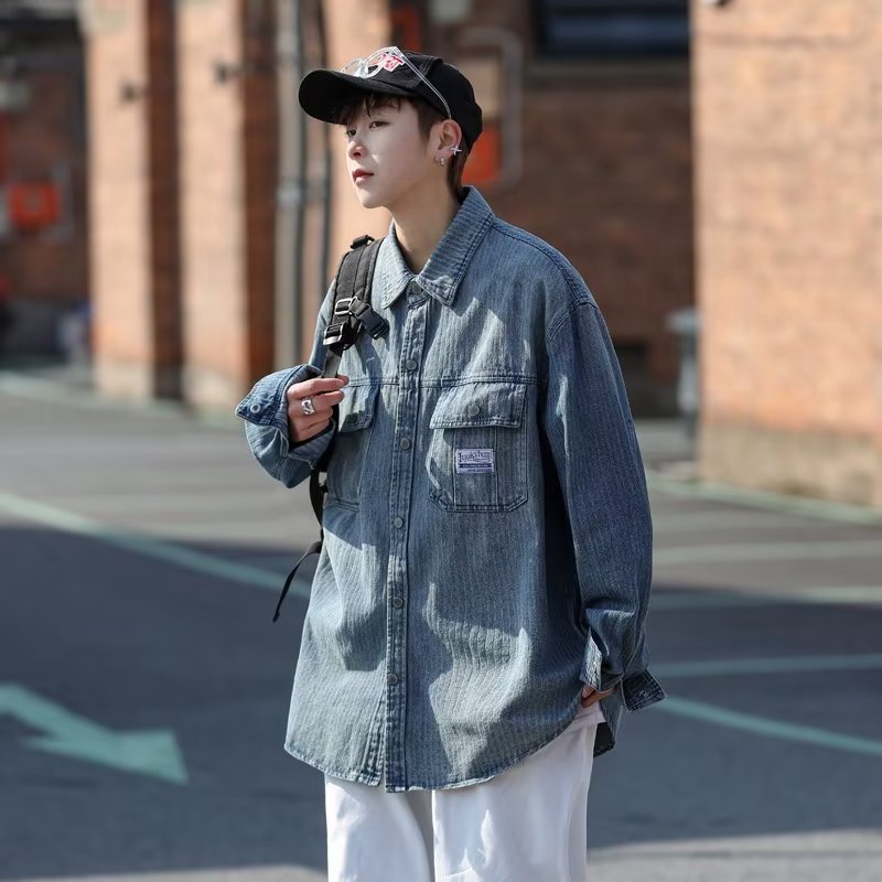 Áo Khoác Denim Kẻ Sọc Dọc Dáng Rộng Kiểu Đường Phố Mỹ Thời Trang Xuân Thu Cho Nam