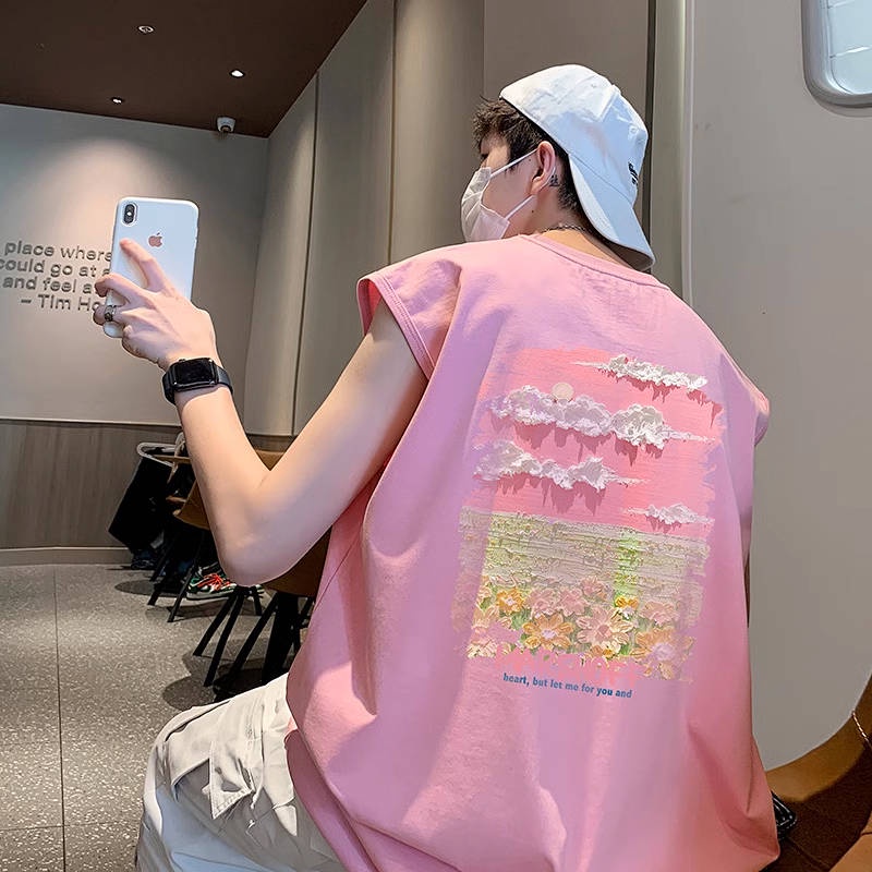 Áo thun nam màu hồng 100% cotton không tay form rộng in tranh sơn dầu mùa hè hFtt