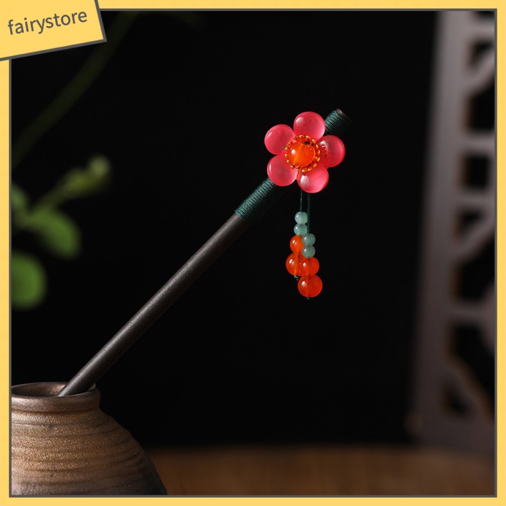 Trâm Cài Tóc Bằng Gỗ Hình Hoa Đính Hạt Phối Tua Rua Phong Cách Trung Hoa Cổ Điển Cho Nữ