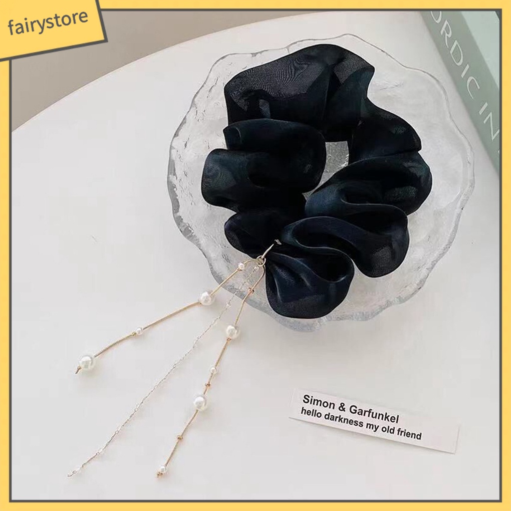 Dây Cột Tóc Satin Co Giãn Đính Ngọc Trai Giả Màu Trơn Sáng Bóng Thanh Lịch Cho Nữ