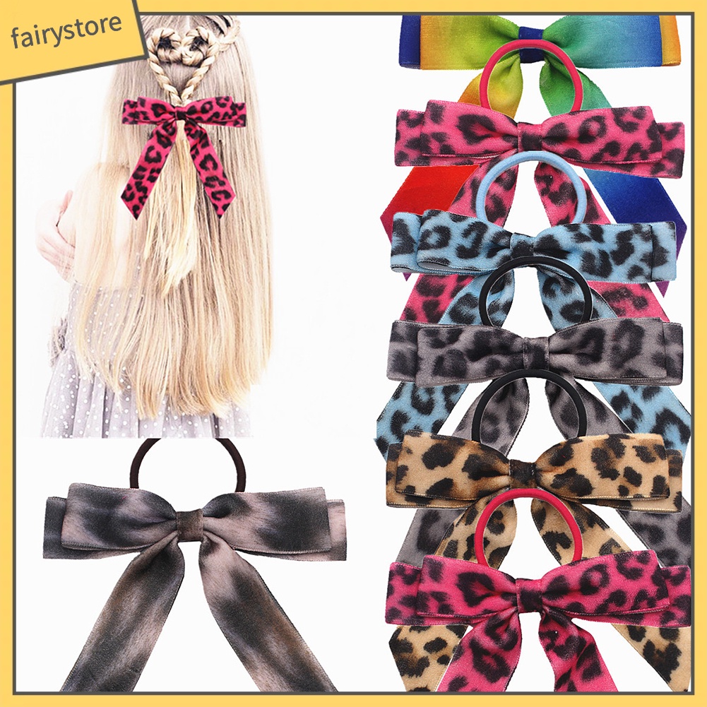 Dây Buộc Tóc Co Giãn Đính Nơ Họa Tiết Da Báo Ngọt Ngào Cho Bé Gái