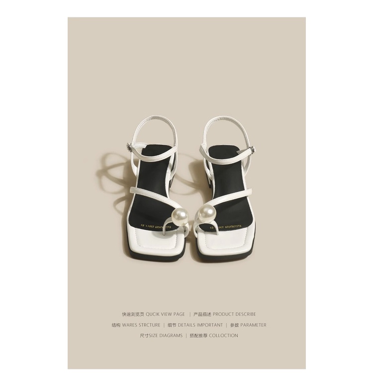 Duoya Tóc Thẳng ~ [Hàng Có Sẵn] [RUODAN] Giày Sandal Gót Dày Phẳng Quai Đính Ngọc Trai Giản Dị Miễn Phí Vận Chuyển