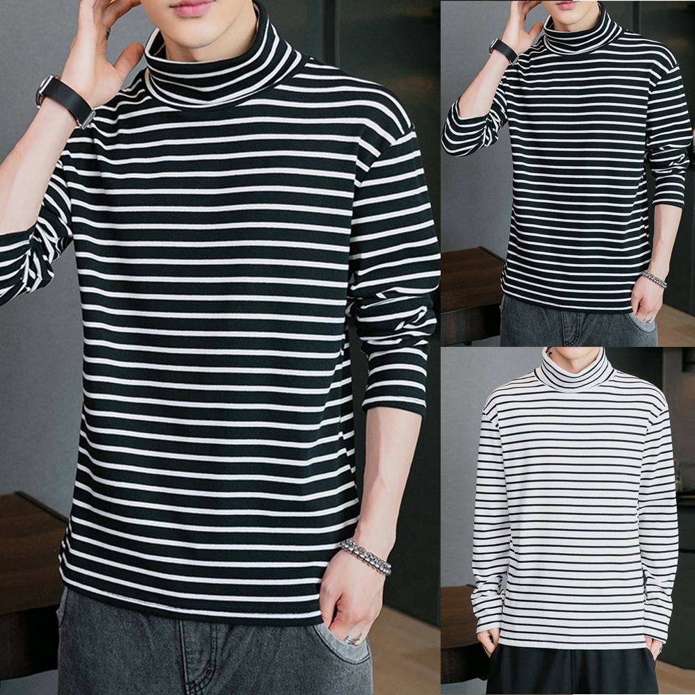 Áo Thun Dài Tay Họa Tiết Kẻ Sọc Chất Liệu Polyester Thời Trang Mùa Đông Cho Nam Size M-2XL