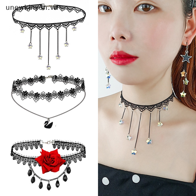 Vòng Cổ Choker Ren Mặt Thiên Nga Đen Đính Đá Cổ Điển Quyến Rũ Cho Nữ