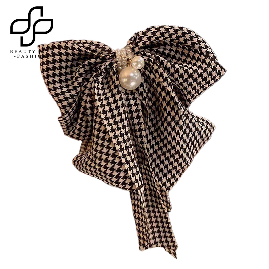 Kẹp Tóc Đuôi Ngựa Dài Nhiều Lớp Thắt Nơ Lớn In Họa Tiết Kẻ Sọc Caro Thanh Lịch Cho Nữ