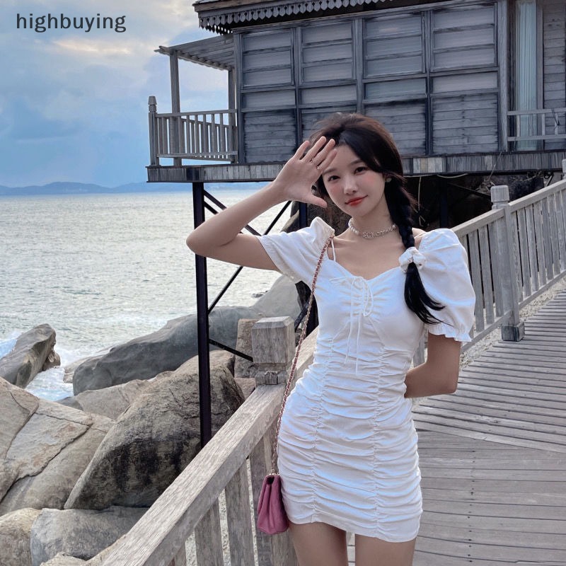 Đầm Tay Ngắn Dáng Chữ A Ôm Dáng Phong Cách Hàn Quốc Cổ Điển Y2k Quyến Rũ Cho Nữ