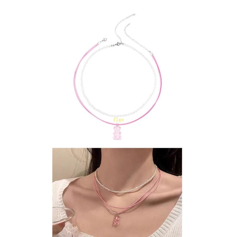 Vòng cổ Hai Lớp Đính Hạt Ngọc Trai Hình Gấu Hồng Dễ Thương Dành Cho Nữ