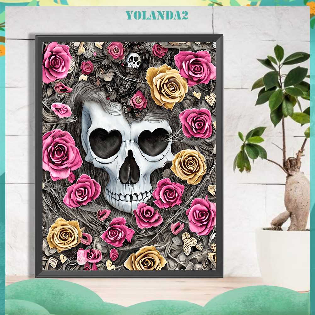 Tranh Đính Đá Kim Cương Toàn Bộ 5D DIY Hình Đầu Lâu Hoa Hồng