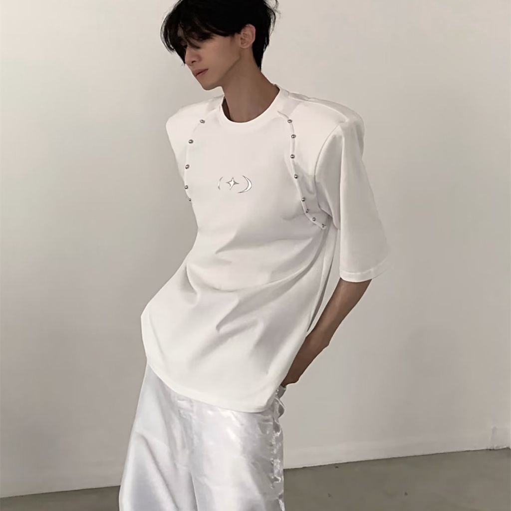 Áo Thun Cotton Tinh Khiết Tay Ngắn Thiết Kế Đường Viền Hạt Kim Loại Đơn Giản Dễ Phối Đồ Mùa Hè Nich