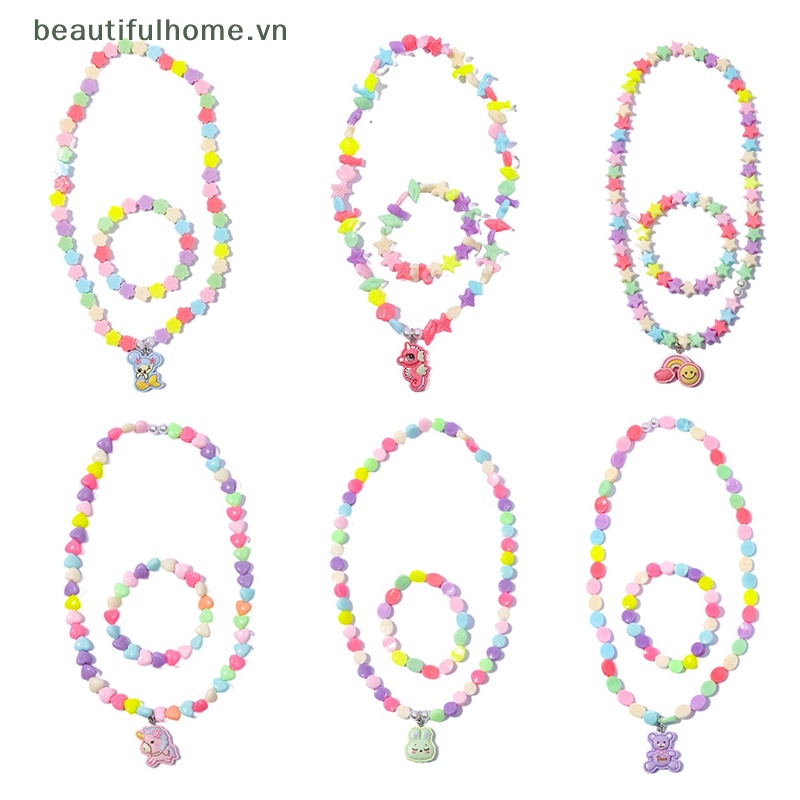 1 Set Dây Chuyền / Vòng Tay Hạt Acrylic Hình Thú Hoạt Hình Nhiều Màu Dễ Thương Cho Bé Gái