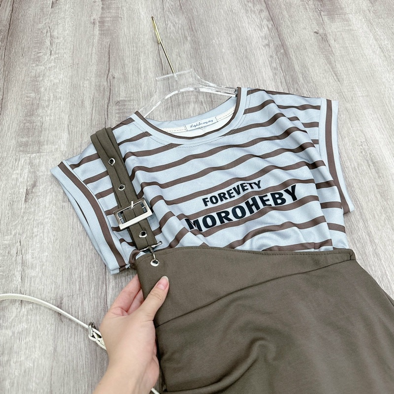 SET ÁO KẺ CHỮ CHÂN VÁY XANH RÊU DÂY ĐAI lương su shop