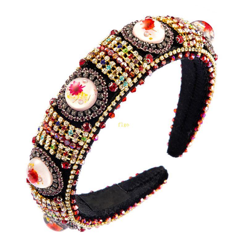 Flgo Băng Đô Bandana Có Đệm Xốp Phong Cách Baroque Đính Ngọc Trai Resin Cabochon Hoa Cho Nữ