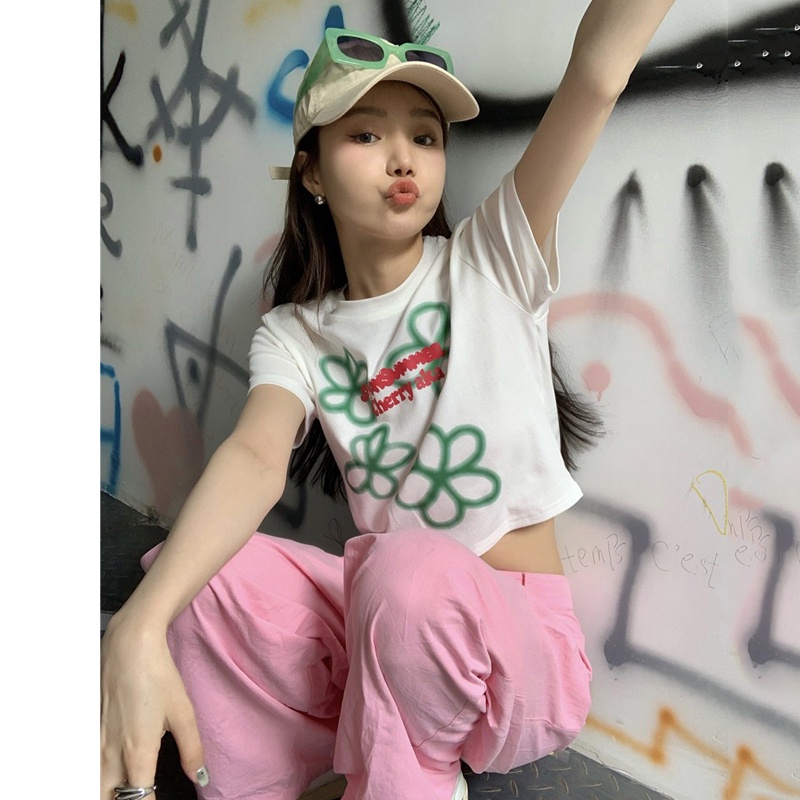 Áo Thun Lửng Ngắn Tay In Hoa Thời Trang Nữ Tính