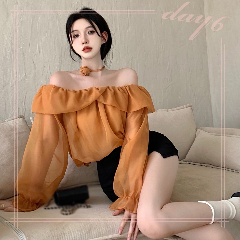 Áo Sơ Mi Chiffon Tay Dài Trễ Vai Dáng Ôm In Họa Tiết Hoa Xinh Xắn Thời Trang Cho Nữ