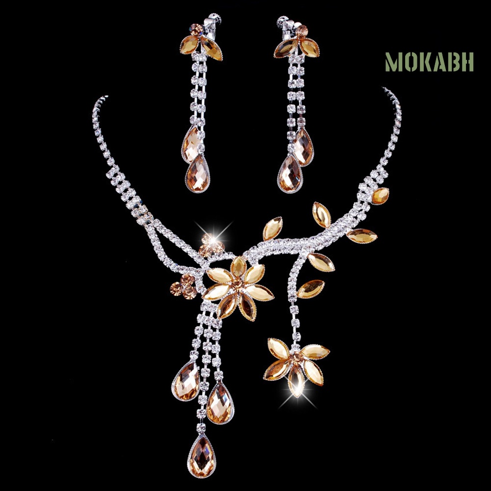 Bộ Vòng cổ + Bông Tai Đính Kim Cương Giả Hình Giọt Nước Sang Trọng Cho Nữ