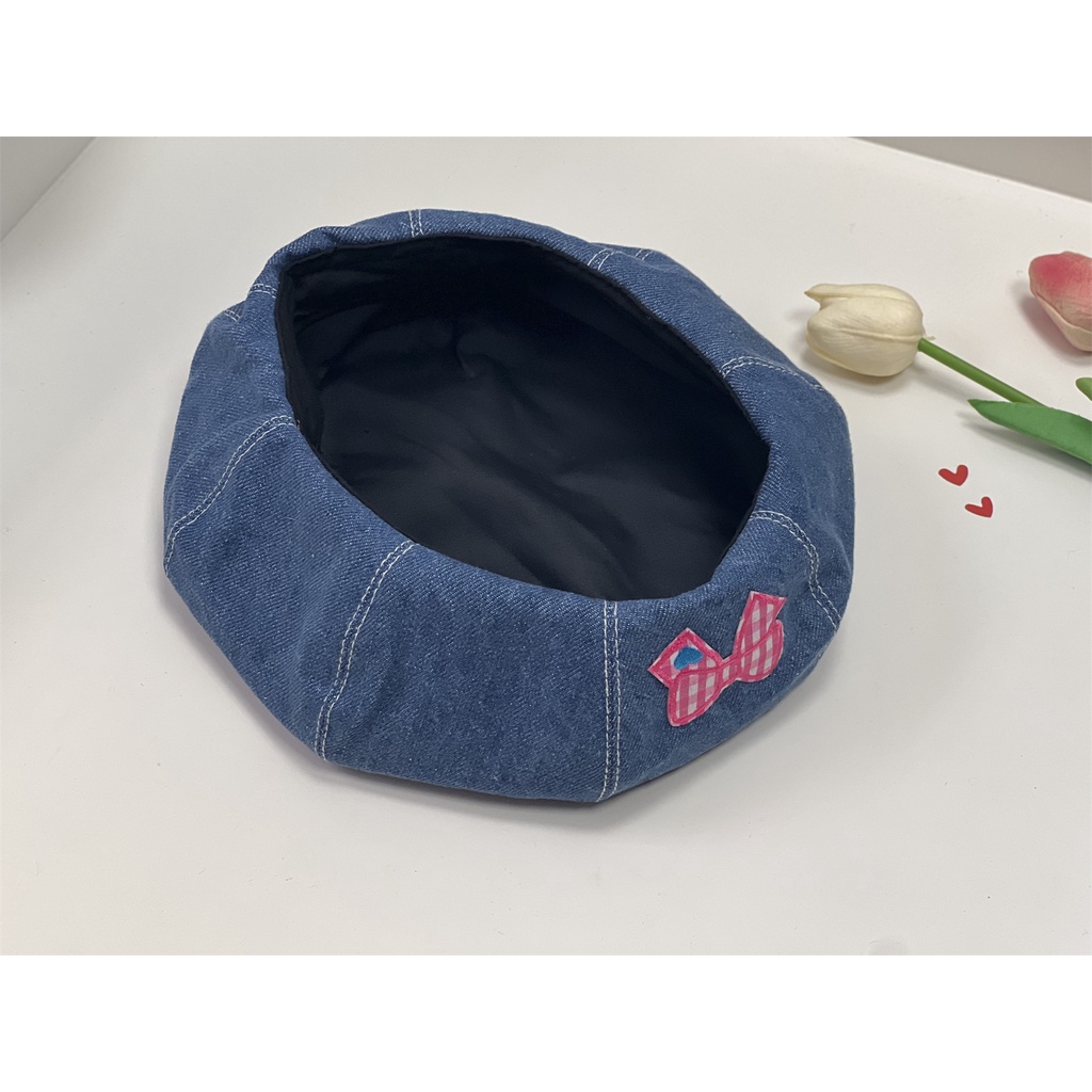 [Pink Bowknot] Mũ Nồi Denim Họa Sĩ Dễ Thương Ngọt Ngào Dễ Phối Đồ Cho Nữ