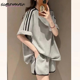 Set Đồ Thể Thao Gồm Áo Thun Cổ Tròn Màu Sắc Tương Phản Phối Quần Short Thời Trang Mùa Hè Cho Nữ