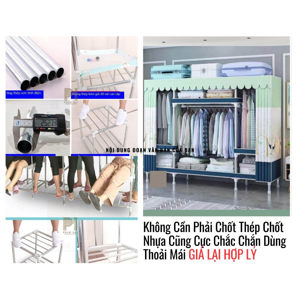 Tủ Vải Khung Thép Titan Tủ Đựng Quần Áo Vải Metal Tủ Đựng Quần Áo Vải kích thước lớn 2m1 Tủ vải ngăn kéo  khung thép