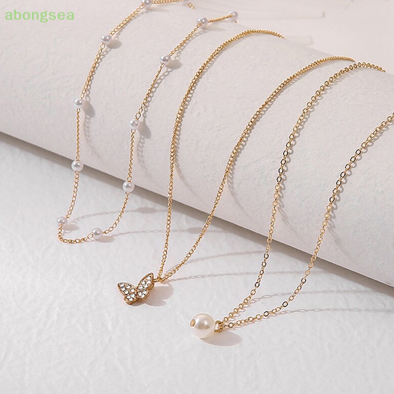 Vòng cổ Nhiều Lớp Mặt Hình Bướm Đính Ngọc Trai Thanh Lịch Cho Nữ