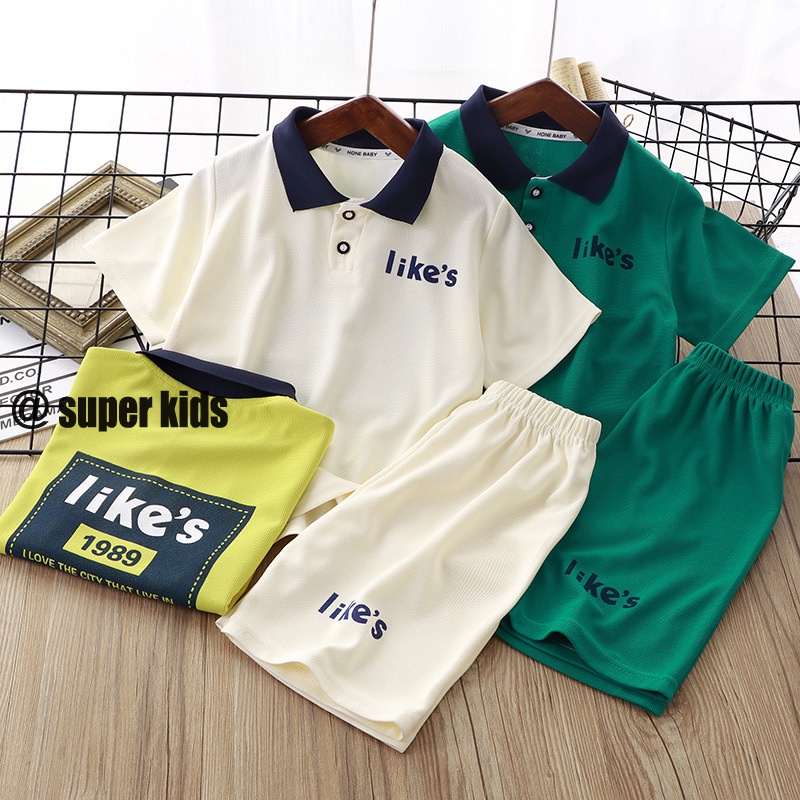 SUPER KIDS Set Áo Thun polo Tay Ngắn + Quần Kiểu Dáng Đơn Giản Thời Trang Theo Phong Cách Hàn Quốc Cho Bé