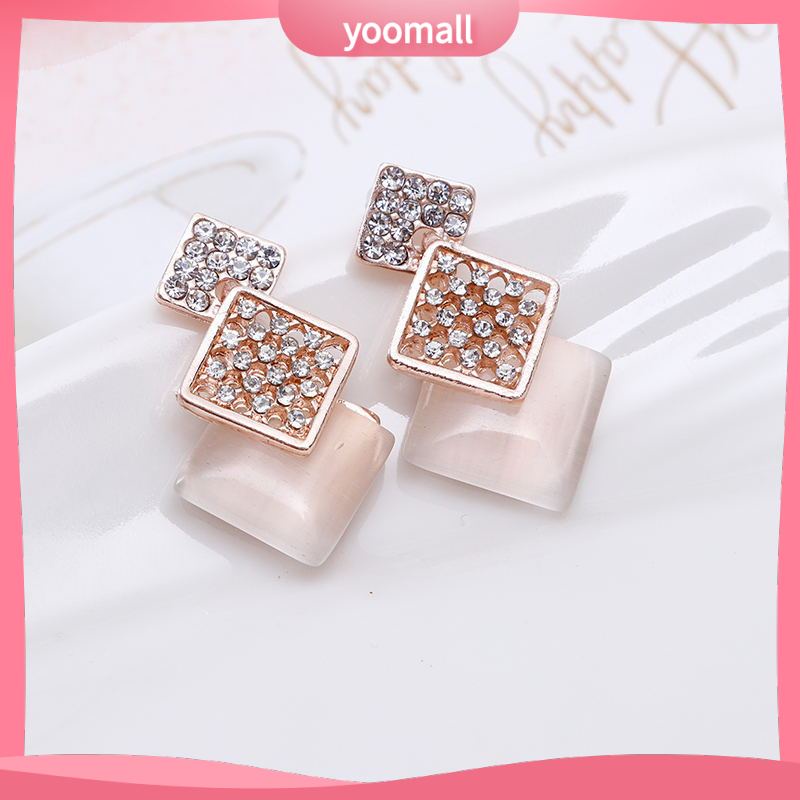 Bộ Vòng cổ + Bông Tai Đính Đá Opal Hình Vuông Rỗng Thời Trang