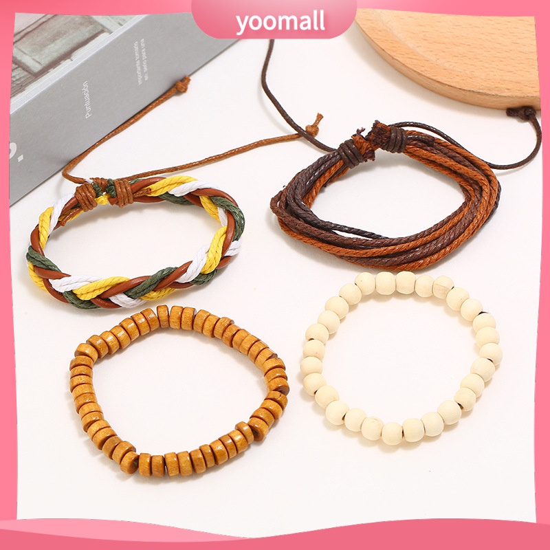 [YM] Bộ Bốn Mảnh Dây Da Dệt Tay Phong Cách Retro Đơn Giản diy