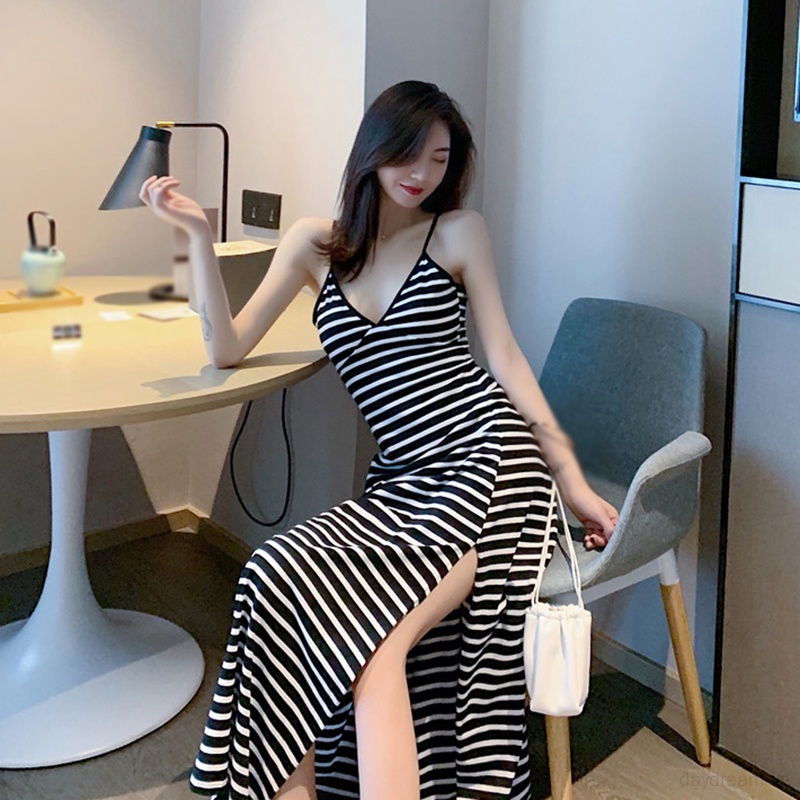 Đầm Ôm Dáng Xẻ Tà Họa Tiết Kẻ Sọc Cổ Chữ V Quyến Rũ Dành Cho Nữ