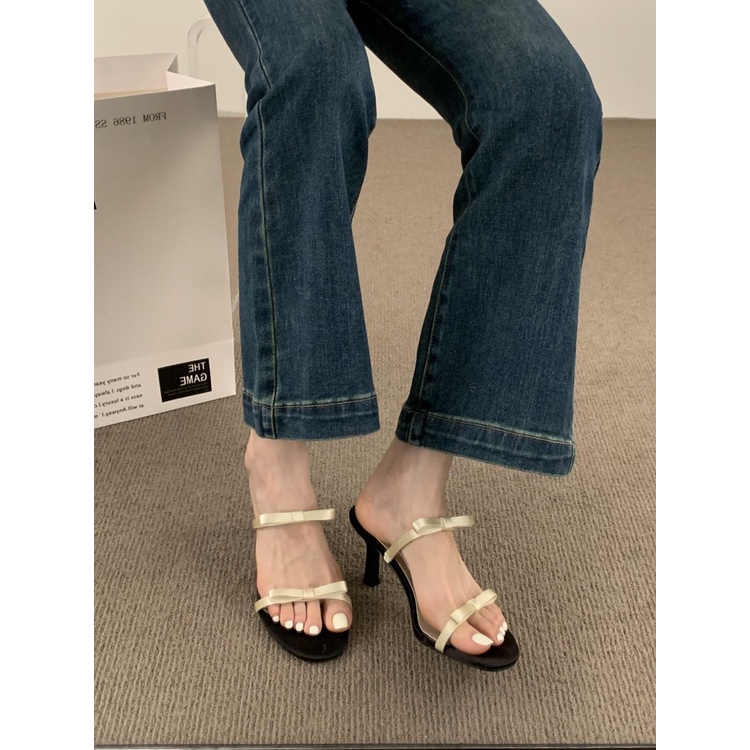 Xăng đan Cao Gót Hở Ngón Đính Nơ Màu Đen Thời Trang Cho Nữ