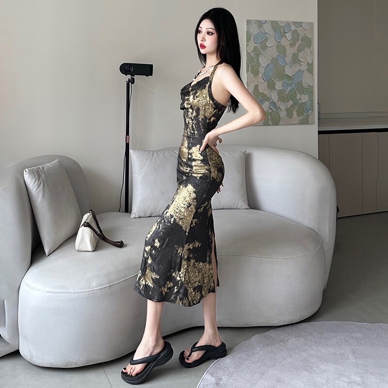 Kliou Đầm Hai Dây Nhám Mạ Vàng Mùa Hè 2023 Thời Trang Cao Cấp Thanh Lịch Cho Nữ