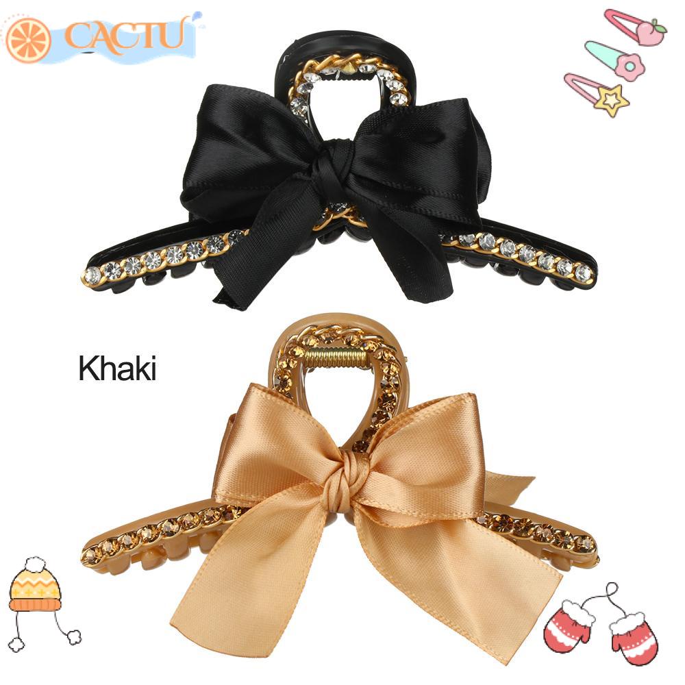 CACTU Kẹp Tóc Cá Mập Màu Đen / Kaki Đính Nơ Xinh Xắn Thời Trang