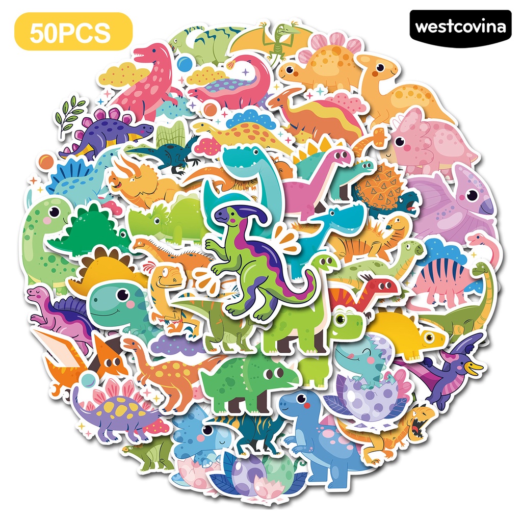 [WSTN]✎Bộ 50 Miếng Dán Trang Trí Hình Khủng Long Hoạt Hình Dễ Thương Bằng PVC Chống Thấm Nước DIY