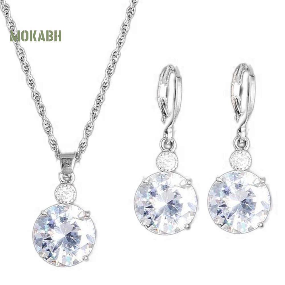 Bộ Vòng cổ + Bông Tai Đính Đá Hình Tròn Thời Trang