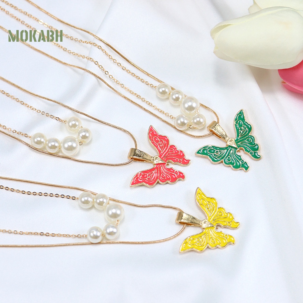 [Mok Abh] Vòng cổ Nhiều Lớp Mặt Hình Bướm Và Ngọc Trai Nhân Tạo Thời Trang Dành Cho Nữ