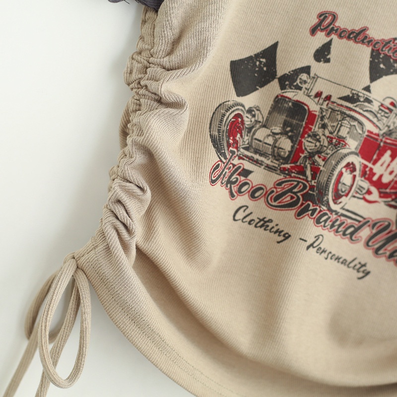 Áo Thun Tay Ngắn Phối Dây Rút Họa Tiết In Phong Cách Mỹ Thời Trang Mùa Hè Cho Nữ AC0468