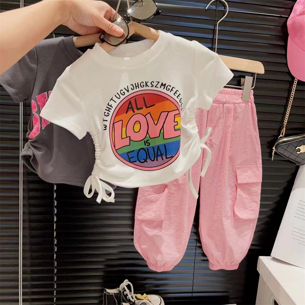 Áo Thun Cotton Trơn Tay Ngắn Phối Dây Rút Phong Cách Hàn Quốc Thời Trang Mùa Hè Cho Bé Gái