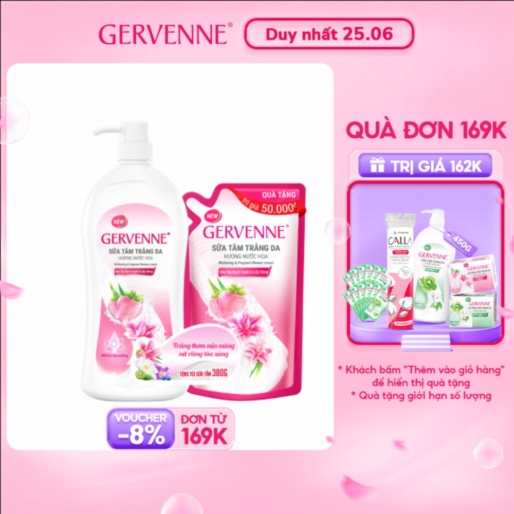 Sữa tắm trắng da Gervenne Dâu Tây Bạch Tuyết &amp; Lily Hồng 900gr + Túi sữa tắm 380gr (Mùi ngẫu nhiên)