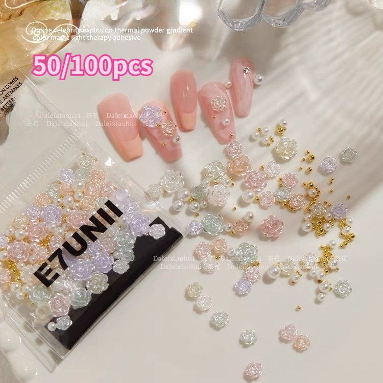 Bộ 50 / 100 Hạt Nhựa Hình Hoa Hồng Lấp Lánh Trang Trí Móng Tay DIY