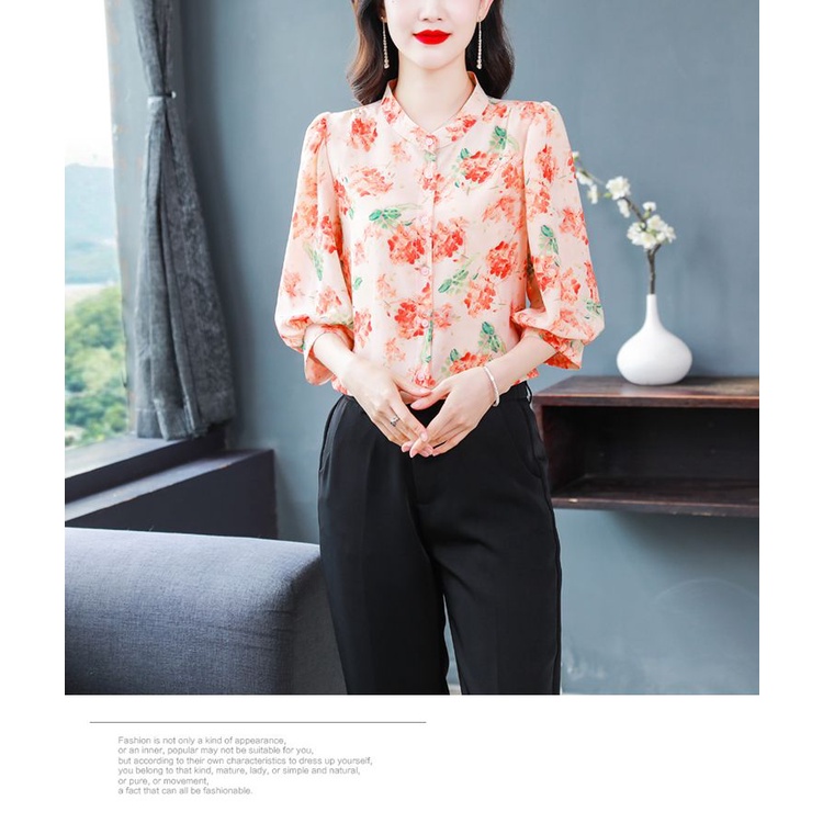 Áo Sơ Mi Chiffon Tay Lửng Cổ Đứng Phong Cách Phương Tây Thời Trang Mùa Hè Cho Phụ Nữ Trung Niên