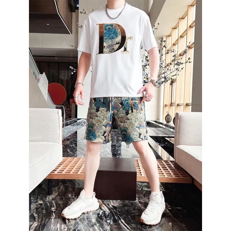Bộ Áo Thun Ngắn Tay In Hoa + Quần Short Dáng Rộng Thời Trang Mùa Hè Cho Nam