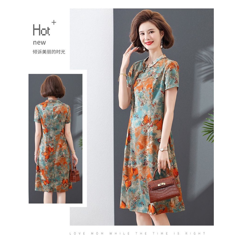 Đầm Sườn Xám Ngắn Tay Thời Trang Mùa Hè Thanh Lịch Dành Cho Phụ Nữ Trung Niên