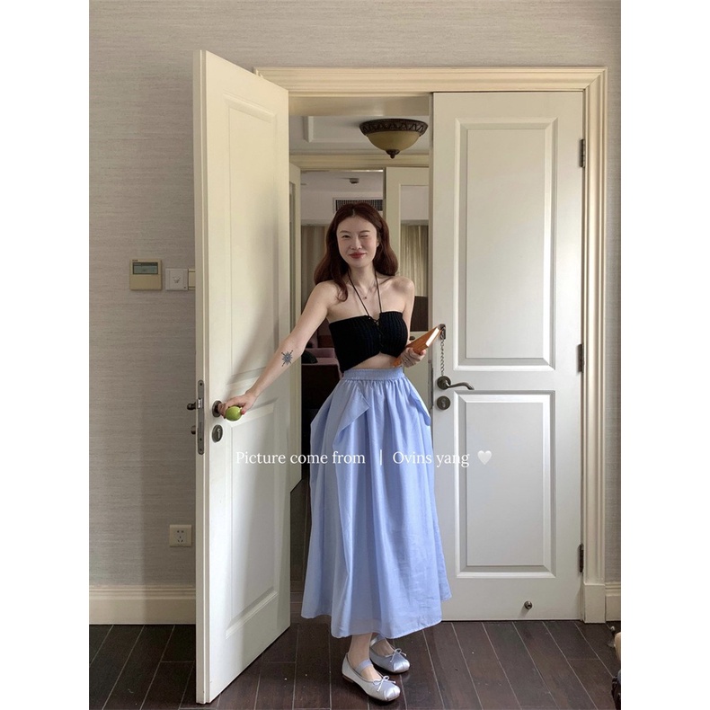 Set croptop đen dây yếm đan dây +chân váy xanh xoè💖 KÈM ẢNH THẬT