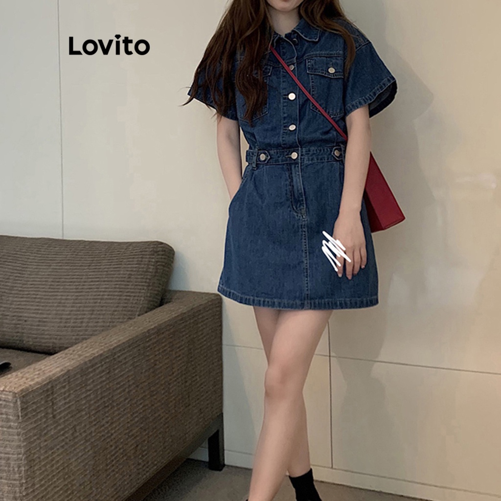Lovito Đầm denim thô có túi màu trơn giản dị dành cho nữ LNA09006 (Màu xanh da trời)