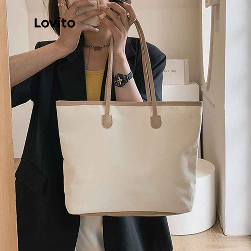 Lovito Túi tote đeo vai cơ bản màu trơn đơn giản tương phản cho nữ LNA09126 (Mơ/Đen)