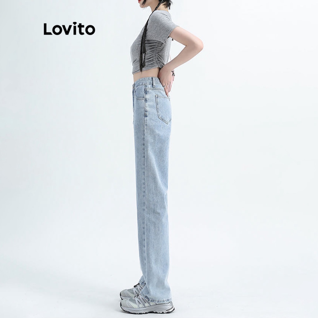 Lovito Quần jean cạp chun trơn màu trơn thường ngày cho nữ LNA09144 (Xanh nhạt)