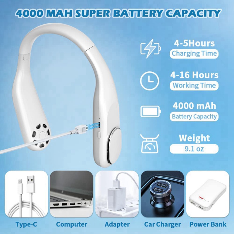 Quạt Đeo Cổ Không Cánh 3 Tốc Độ Điều Chỉnh 360 Độ 4000MAh Có Thể Sạc Lại Tiện Dụng°Quạt Làm Mát Linh Hoạt Có Thể Mang Đi Tiện Dụng