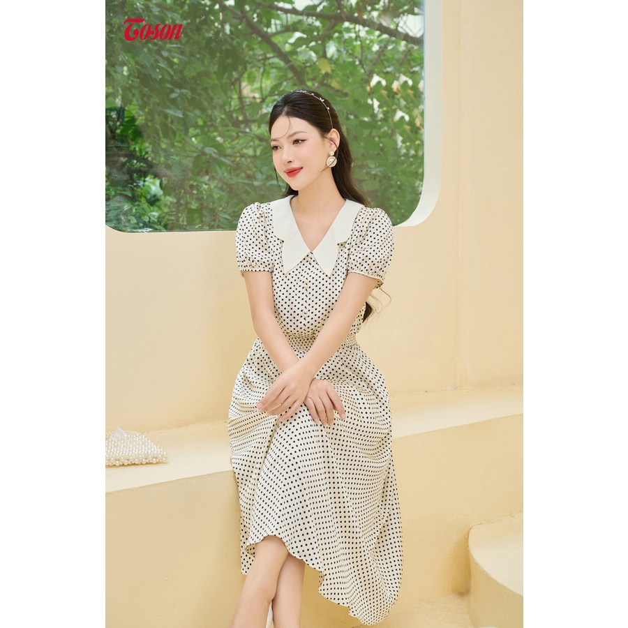 Đầm lụa be chấm bi đen dáng chun eo, cổ phối cánh bướm Toson 43124J93