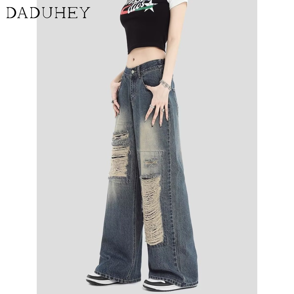 Quần jean DaDuHey lưng cao ống rộng phối rách thời trang cá tính cho nữ