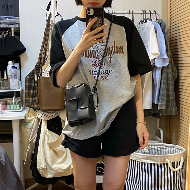 Áo Thun Ngắn Tay Cổ Tròn Dáng Rộng In Chữ Phối Màu Tương Phản Thời Trang Mùa Hè Cho Nữ PJ